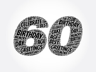 Happy 60th birthday word cloud, holiday concept background