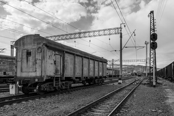 Naklejka na ściany i meble Georgia, Tbilisi. Railway junction. Old railway cars. Freight and passenger wagons out of service.