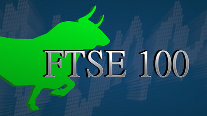 The British stock market index FTSE 100 is bullish. The green bull and an ascending chart with a blue background behind the silver headline symbolizes a price surge.