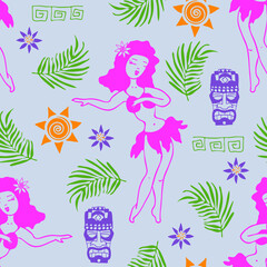 Fototapeta na wymiar Seamless vector pattern with hula girl on blue background. Beautiful summer holiday wallpaper design. Tropical Hawaii fashion textile.