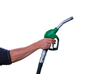 Man holds a refueling gun in his hand for refueling cars isolated on white background. Gas station with diesel and gasoline fuel close-up.
