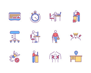 Ergonomics in workplace RGB color icons set. Sedentary work environment. Healthy posture. Cultural diversity. Employees with disabilities. Maximizing performance. Isolated vector illustrations