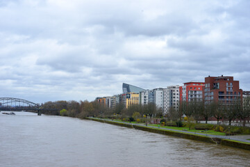 Fototapeta premium Frankfurt, Germany dark clouds over the town, view to the Westend and the rhine river