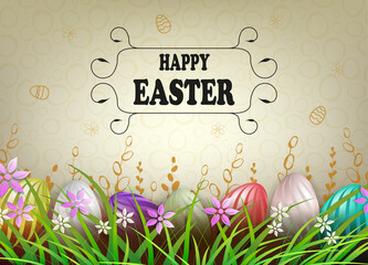 Easter light composition, eggs with a beautiful wavy pattern in the grass with flowers