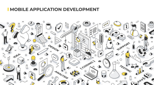 Application development life cycle. Stages of software development from idea to the final product: idea, design, analysis, coding, testing, and support. Isometric illustration concept