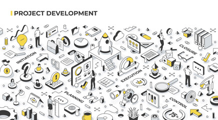 Project management and development concept. People launch startups, set goals, organize and coordinate resources, accomplish objectives. Agile management and business success. Isometric illustration - obrazy, fototapety, plakaty