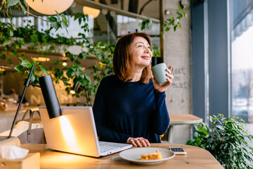 Close up portrait of positive brown haired mature woman in blue sweater thinking about life,...