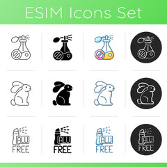 Natural cosmetics icons set. Cruelty free. Contemporary beauty industry problems. Dermatologically tested treatment. Linear, black and RGB color styles. Isolated vector illustrationss