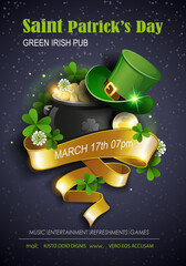 St. Patrick's Day Traditions and Symbols party flyer, brochure, invitations template. Leprechaun hat, shamrock, pot with gold coins on black background. Vector illustration.