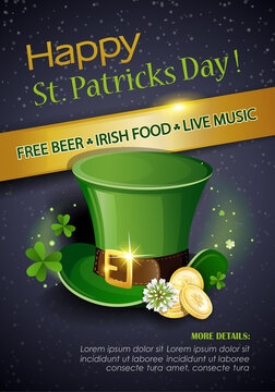 St. Patrick's Day Traditions and Symbols party flyer, brochure. Leprechaun hat  with gold coins, shamrock, on black background. Vector illustration.