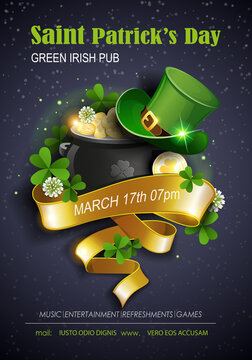 St. Patrick's Day Traditions And Symbols Party Flyer, Brochure, Invitations Template. Leprechaun Hat, Shamrock, Pot With Gold Coins On Black Background. Vector Illustration.