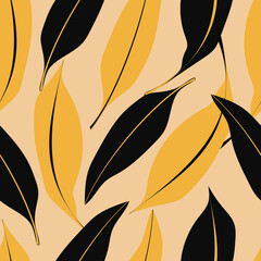 Seamless pattern of large leaves black and yellow. Template for printing on textiles, fabrics, bed linen, wrapping paper, covers, wallpaper. 