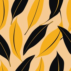 Seamless pattern of large leaves black and yellow. Template for printing on textiles, fabrics, bed linen, wrapping paper, covers, wallpaper. Vector illustration.