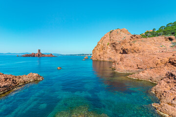 stoner tower on a rocky island in the Mediterranean sea on the French Riviera