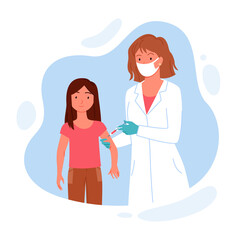 Children vaccination for immunity kids health, doctor in medical mask vaccinating child