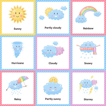 Set cute weather for kids. Sunny, cloudy, rainbow, rainy, snowy, stormy, hurricane. Flash card for learning with children in preschool, kindergarten and school.