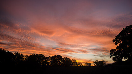 Sunrise with clouds and silhouette trees, Kuldiga, Latvia.