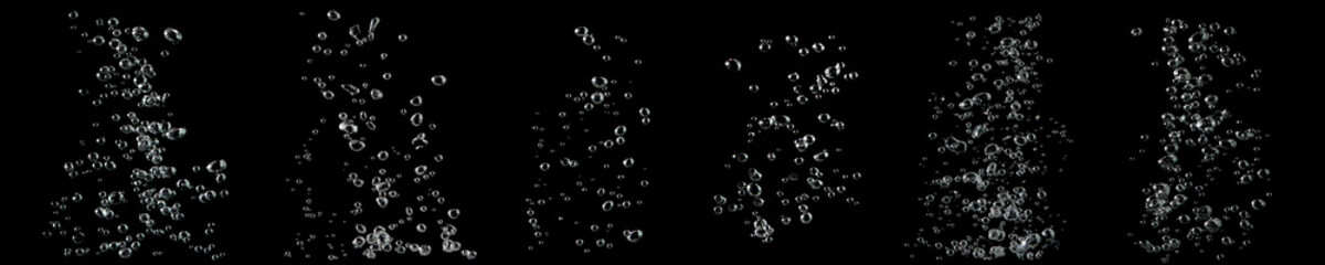 collection water bubble white oxygen air, in underwater clear liquid with bubbles flowing up on the water surface, isolated on a black background