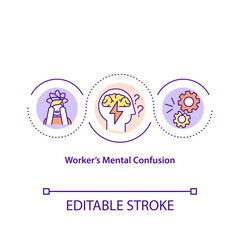Worker mental confusion concept icon. Anxiety at workplace. Stress from office work. New employee adaptation idea thin line illustration. Vector isolated outline RGB color drawing. Editable stroke