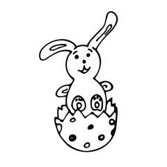 Vector sweet rabbit, bunny  seeting in egg, Happy easters day black and white isolated, hand drawning, for card, spring holliday