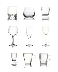 Collection of clean empty glassware isolated on white background
