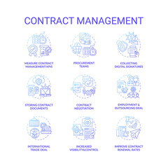 Contract management concept icons set. Contract lifecycle steps. Efficient management tips for company ruling idea thin line RGB color illustrations. Vector isolated outline drawings