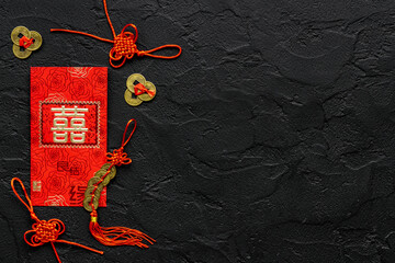 Chinese or lunar new year decorations. Chinese characters on postcard meaning double happiness