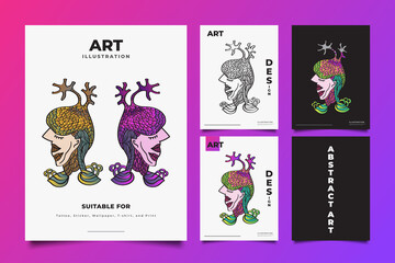 Abstract Art Illustration with Colorful Character for Poster, Flyer, Cover, Print Material, Tattoo, Sticker or Wallpaper. Abstract Doodle Art