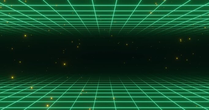 Retro red background in 80s and 90s style. Seamless cyberpunk pattern of movement towards the sun. Neon landscape of mountains on a background of sunset. 4k Animation in retro wave style.