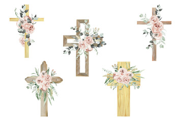 Watercolor Flower Cross, Wood Cross, Baptism, Floral Clipart, First Communion, Holy Spirit, Florals Arrangements, Easter cross - 414465917