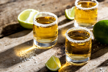 Tequila in a glass served with limes and salt. Mexican national drink
