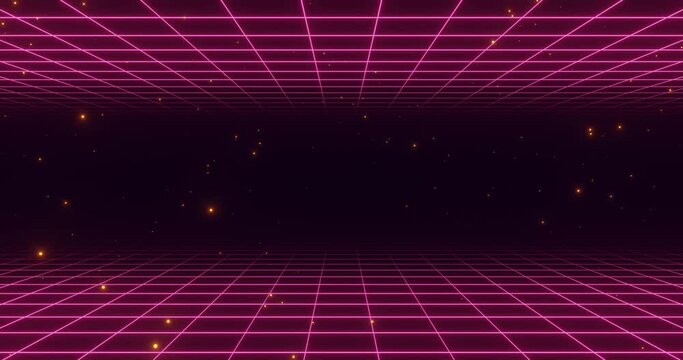 Retro purple background in 80s and 90s style. Seamless cyberpunk pattern of movement towards the sun. Neon landscape of mountains on a background of sunset. 4k Animation in retro wave style.
