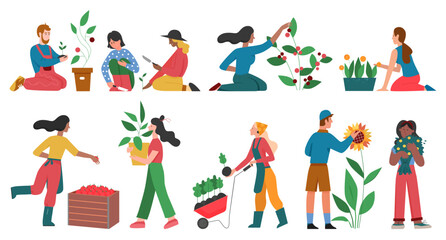 Fototapeta premium Gardeners people cultivate horticulture plants vector illustration set. Cartoon man woman characters gardening harvesting planting, growing flowers vegetables or fruits in garden isolated on white