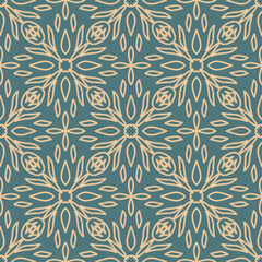 Ceramic tiles seamless pattern. Geometric pattern. Portuguese, Spanish or Moroccan traditional national ornament. Vector mandalas. Pattern with yellow leaves on a turquoise background.
