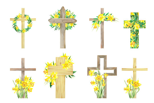 Watercolor Flower Cross, Wood Cross, Baptism, Floral Clipart, First Communion, Holy Spirit, Florals Arrangements, Easter cross, daffodil