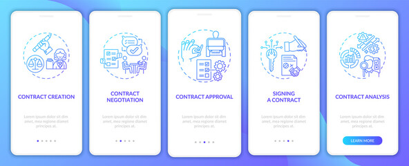 Contract lifecycle steps onboarding mobile app page screen with concepts. Contract points discussing walkthrough 5 steps graphic instructions. UI vector template with RGB color illustrations