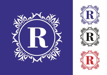 White purple of R initial letter in classic circle frame