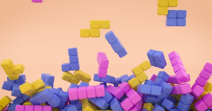 3D render video Tetris game pieces and blocks falling with speed from the top to the ground and bouncing with realistic physics. Tetris pieces fill all the space unorganized.