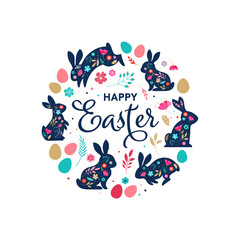 Happy Easter, bunnies, flowers and eggs. Folk style design
