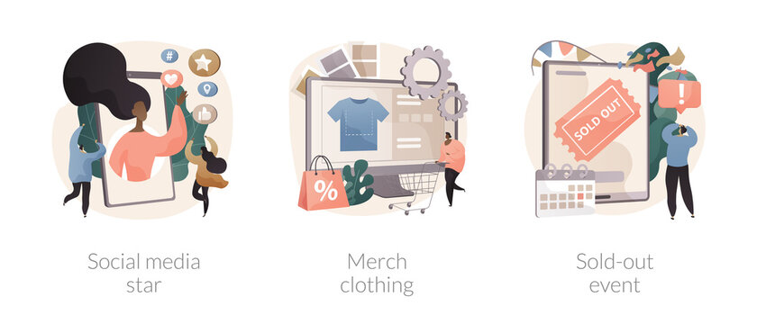 Celebrity media engagement abstract concept vector illustration set. Social media star, merch clothing, sold-out event, account monetization, branded design, show overbooking abstract metaphor.