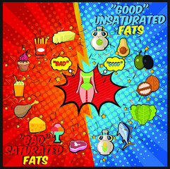 Compare healthy fresh vegetables and unhealthy junk foods with the beautiful figure of a girl in the style of a retro comic. Healthy eating and diet.