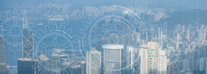 Gears Cogwheel Engineering Automation solution teamwork cooperation business concept. City view website header banner concept