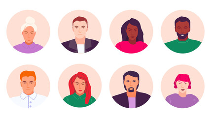 Bright people portraits set. Flat style vector illustration of young men and women, male and female faces avatars. Round icons set