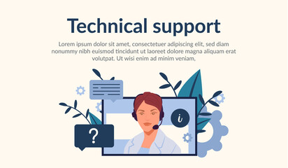 Technical support online, operator is talking to the client. Woman help them with problems. Web page