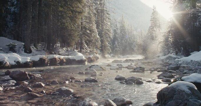 Sun light shines melts forest Alps river snow winter change to spring