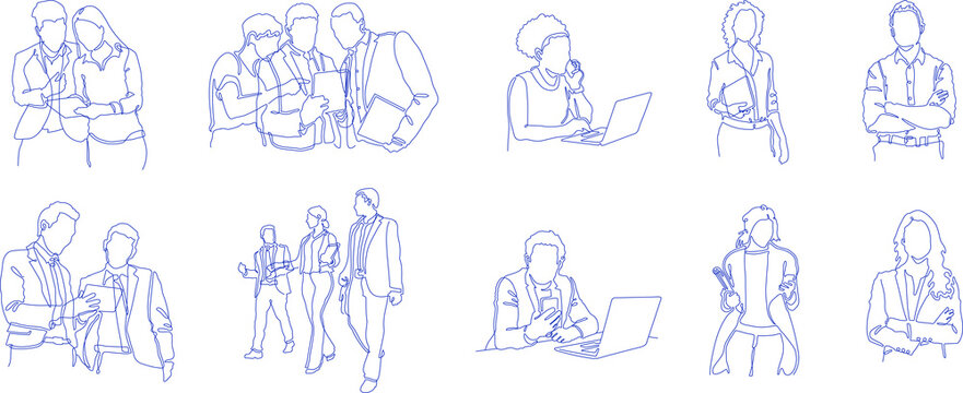 Corporate modern business people leaders working in one single line stroke illustration drawing isolated with whiteboard doodle style with modern color palette	
