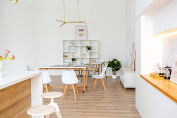 interior design spacious bright studio apartment in Scandinavian style and warm pastel white and beige colors. trendy furniture in the living area and modern details in the kitchen area.