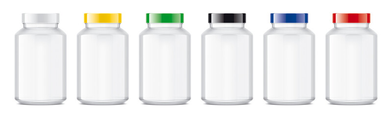 Set of transparent jars with colored caps. 