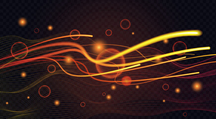 Sparkle dust glowing light effect with energy circles vector illustration. Dynamic motion stardust waves glow, golden glittering sequin particles and lens flare on transparent dark background © lembergvector