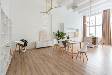 Fototapeta premium interior design spacious bright studio apartment in Scandinavian style and warm pastel white and beige colors. trendy furniture in the living area and modern details in the kitchen area.